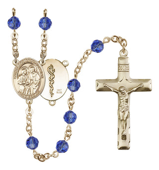 14 Karat Gold 6mm Austrian Crystal Saints Cosmas & Damian / Doctors Rosary in Sapphire