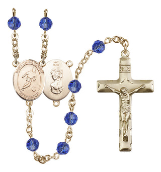 14 Karat Gold 6mm Austrian Crystal Saint Christopher/Soccer Rosary in Sapphire
