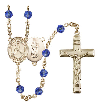 14 Karat Gold 6mm Austrian Crystal Saint Christopher/Ice Hockey Rosary in Sapphire