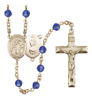 14 Karat Gold 6mm Austrian Crystal Saint Christopher/Wrestling Rosary in Sapphire