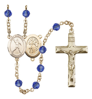14 Karat Gold 6mm Austrian Crystal Saint Sebastian/Football Rosary in Sapphire
