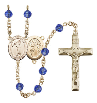 14 Karat Gold 6mm Austrian Crystal Saint Sebastian/Golf Rosary in Sapphire