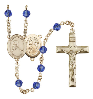 14 Karat Gold 6mm Austrian Crystal Saint Sebastian/Ice Hockey Rosary in Sapphire