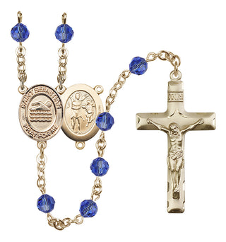 14 Karat Gold 6mm Austrian Crystal Saint Sebastian/Swimming Rosary in Sapphire