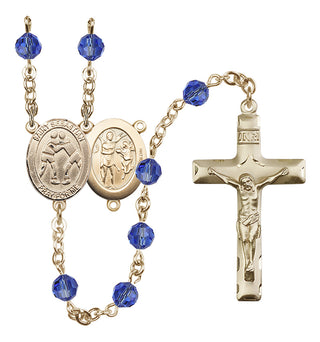 14 Karat Gold 6mm Austrian Crystal Saint Sebastian/Wrestling Rosary in Sapphire
