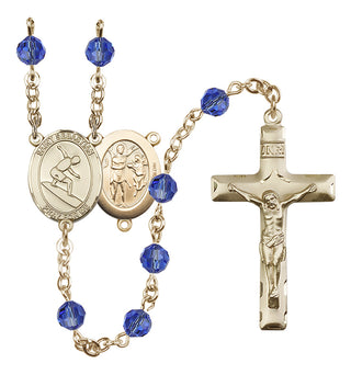 14 Karat Gold 6mm Austrian Crystal Saint Sebastian/Surfing Rosary in Sapphire