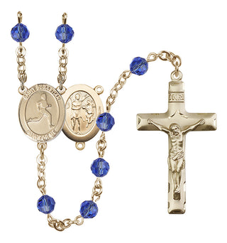 14 Karat Gold 6mm Austrian Crystal Saint Sebastian/Track & Field Rosary in Sapphire