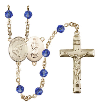 14 Karat Gold 6mm Austrian Crystal Saint Christopher/Surfing Rosary in Sapphire
