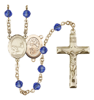 14 Karat Gold 6mm Austrian Crystal Saint Sebastian / Fishing Rosary in Sapphire