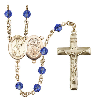 14 Karat Gold 6mm Austrian Crystal Saint Sebastian / Rodeo Rosary in Sapphire