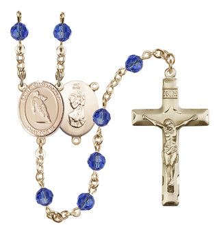 14 Karat Gold 6mm Austrian Crystal Saint Christopher / Rugby Rosary in Sapphire