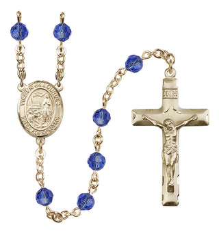 14 Karat Gold 6mm Austrian Crystal Virgen del Lourdes Rosary in Sapphire