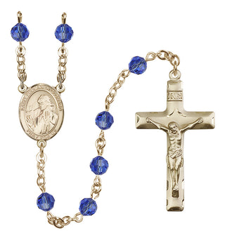 14 Karat Gold 6mm Austrian Crystal Saint Finnian of Clonard Rosary in Sapphire