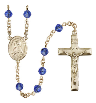 14 Karat Gold 6mm Austrian Crystal Immaculate Heart of Mary Rosary in Sapphire