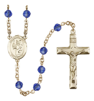 14 Karat Gold 6mm Austrian Crystal Saint Uriel the Archangel Rosary in Sapphire