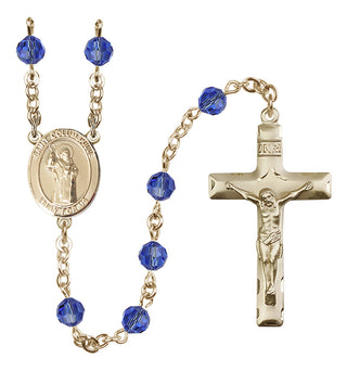 14 Karat Gold 6mm Austrian Crystal Saint Columbkille Rosary in Sapphire