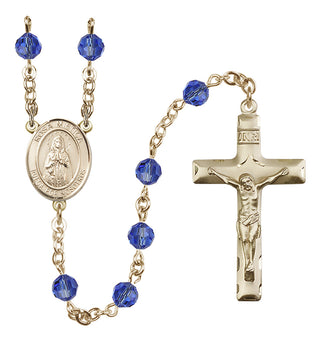 14 Karat Gold 6mm Austrian Crystal Our Lady Rosa Mystica Rosary in Sapphire