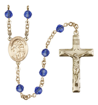 14 Karat Gold 6mm Austrian Crystal Guardian Angel w/Children Rosary in Sapphire