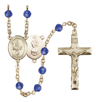 14 Karat Gold 6mm Austrian Crystal Saint Christopher/Baseball Rosary in Sapphire