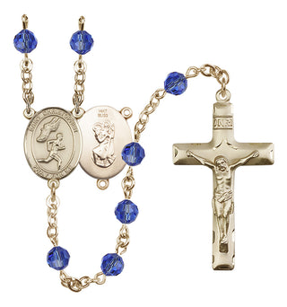 14 Karat Gold 6mm Austrian Crystal Saint Christopher/Track&Field-Men Rosary in Sapphire