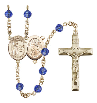 14 Karat Gold 6mm Austrian Crystal Saint Sebastian / Golf Rosary in Sapphire