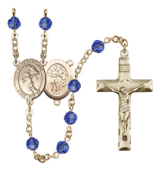 14 Karat Gold 6mm Austrian Crystal Saint Sebastian /Track&Field-Women Rosary in Sapphire