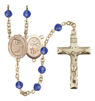 14 Karat Gold 6mm Austrian Crystal Saint Sebastian/Gymnastics Rosary in Sapphire