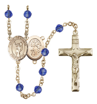 14 Karat Gold 6mm Austrian Crystal Saint Sebastian/Lacrosse Rosary in Sapphire