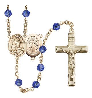 14 Karat Gold 6mm Austrian Crystal Saint Sebastian/Soccer-Women Rosary in Sapphire
