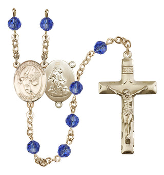 14 Karat Gold 6mm Austrian Crystal Guardian Angel/Basketball Rosary in Sapphire
