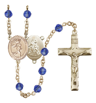 14 Karat Gold 6mm Austrian Crystal Guardian Angel/Track&Field-Men Rosary in Sapphire