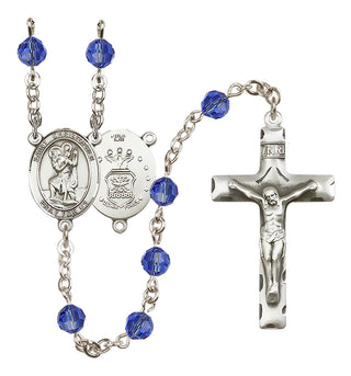 Sterling Silver 6mm Austrian Crystal Saint Christopher / Air Force Rosary in Sapphire