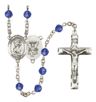 Sterling Silver 6mm Austrian Crystal Saint Christopher / Navy Rosary in Sapphire