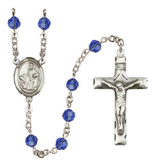 Sterling Silver 6mm Austrian Crystal Saint Dymphna Rosary in Sapphire
