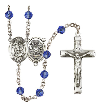 Sterling Silver 6mm Austrian Crystal Saint Michael the Archangel/Policeman Rosary in Sapphire