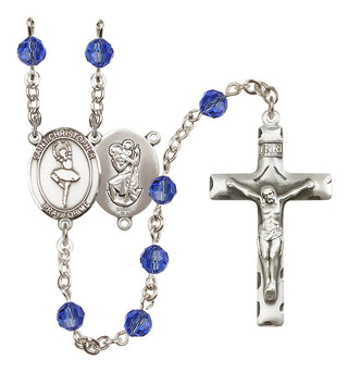 Sterling Silver 6mm Austrian Crystal Saint Christopher/Dance Rosary in Sapphire