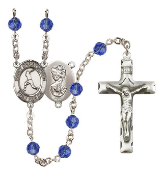 Sterling Silver 6mm Austrian Crystal Saint Christopher/Baseball Rosary in Sapphire