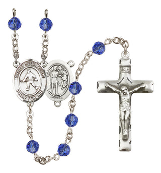 Sterling Silver 6mm Austrian Crystal Saint Sebastian/Field Hockey Rosary in Sapphire