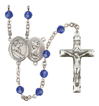 Sterling Silver 6mm Austrian Crystal Saint Christopher/Surfing Rosary in Sapphire