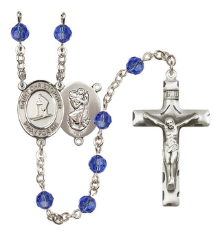 Sterling Silver 6mm Austrian Crystal Saint Christopher / Skiing Rosary in Sapphire