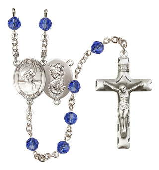 Sterling Silver 6mm Austrian Crystal Saint Christopher/Water Polo Men Rosary in Sapphire