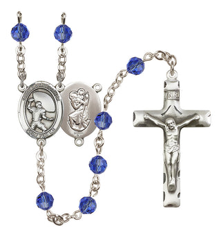 Sterling Silver 6mm Austrian Crystal Saint Christopher / Football Rosary in Sapphire