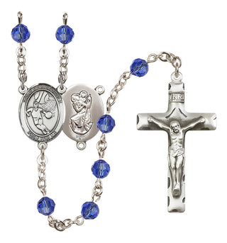 Sterling Silver 6mm Austrian Crystal Saint Christopher/Basketball Rosary in Sapphire
