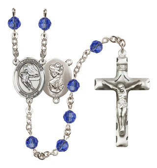 Sterling Silver 6mm Austrian Crystal Saint Christopher/Hockey Rosary in Sapphire