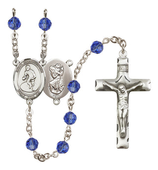 Sterling Silver 6mm Austrian Crystal Saint Christopher/Wrestling Rosary in Sapphire