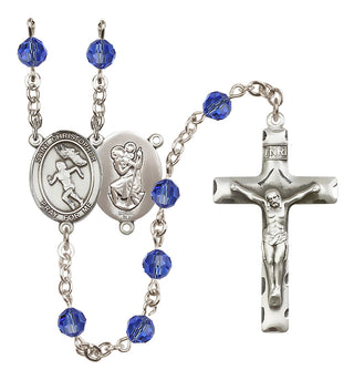 Sterling Silver 6mm Austrian Crystal Saint Christopher/Track&Field-Women Rosary in Sapphire