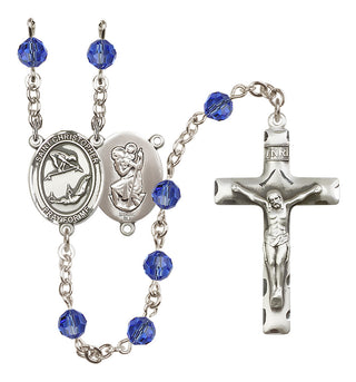 Sterling Silver 6mm Austrian Crystal Saint Christopher/Gymnastics Rosary in Sapphire