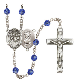 Sterling Silver 6mm Austrian Crystal Saint Christopher / Choir Rosary in Sapphire