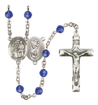 Sterling Silver 6mm Austrian Crystal Saint Christopher / Karate Rosary in Sapphire