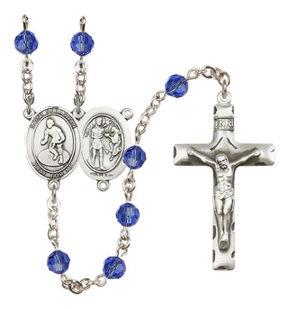 Sterling Silver 6mm Austrian Crystal Saint Sebastian/Wrestling Rosary in Sapphire